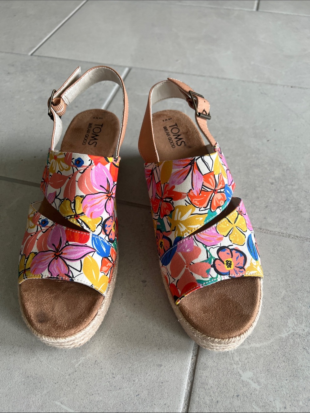 TOMS Floral Canvas Espadrille Wedges - Pink, Yellow, Blue